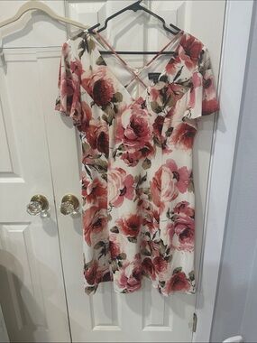 connected apparel Cream Mini Dress with Pink Rose Print
